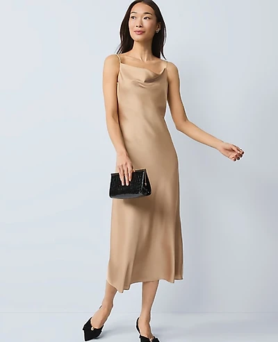 Ann Taylor Petite Satin Cowl Neck Slip Dress Cafe Au Lait Women's