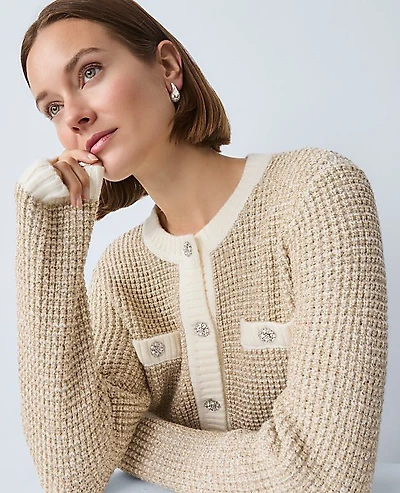 Ann Taylor Petite Metallic Waffle Knit Sweater Jacket Winter White Women's