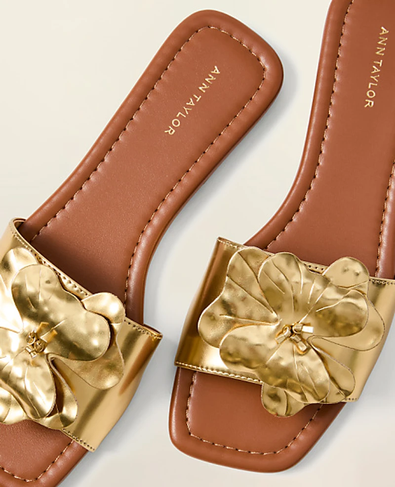 Ann Taylor Floral Embellished Slide Sandal Gold Metallic Women's