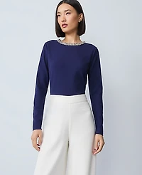 Ann Taylor Petite Ponte Embellished Crew Neck Top Women's
