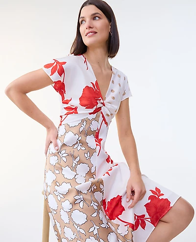 Ann Taylor Floral Collage Twisted Midi Dress Fiery Sunset Women's