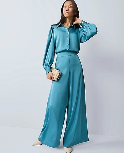 Ann Taylor The Statement Palazzo Pant in Satin Size 4 Moroccan Turquoise Women's