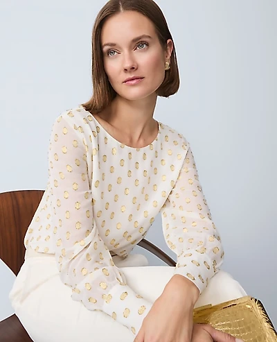 Ann Taylor Petite Dotted Boatneck Blouse Size Medium Winter White Women's