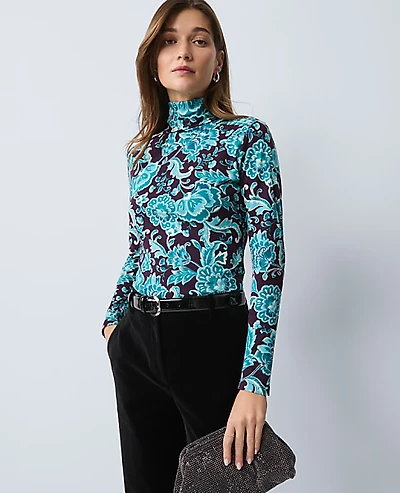 Ann Taylor Petite Floral Turtleneck Top Aubergine Dream Women's