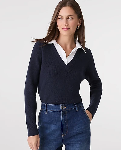 Ann Taylor Collared Mixed Media Sweater Night Sky Women's