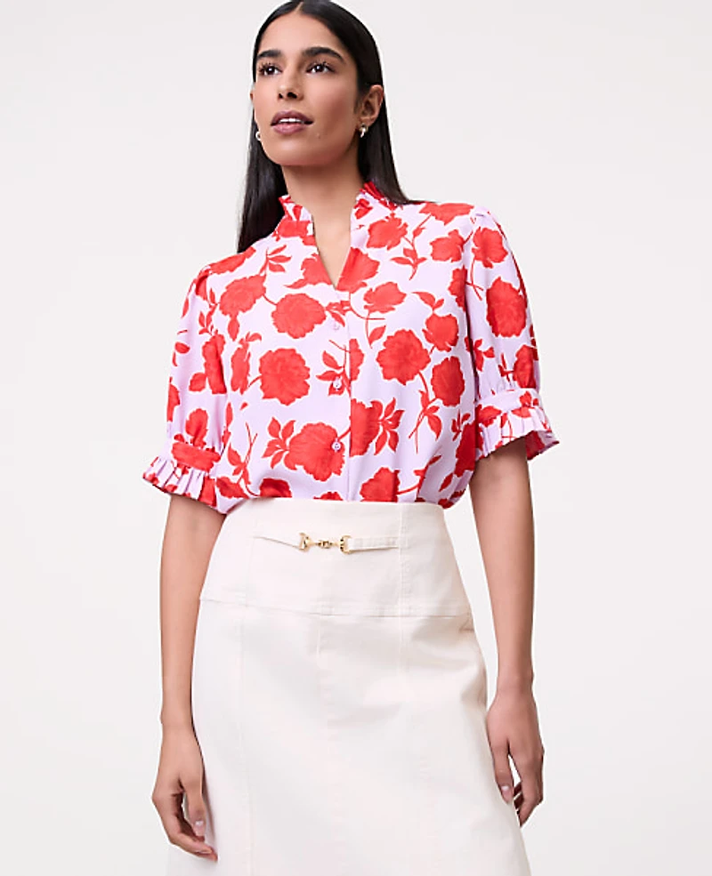 Ann Taylor Floral Ruffle Collar Shirt Fiery Sunset Women's