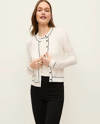Ann Taylor Petite Tipped Crew Neck Cardigan Winter White Women's