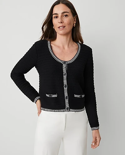 Ann Taylor Petite Geo Stitch Sweater Jacket Black/White Multi Women's