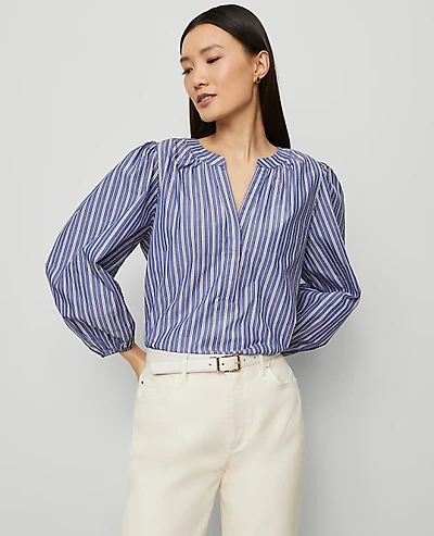 Ann Taylor Striped Puff Sleeve Blouse Size XS Shaded Periwinkle Women's