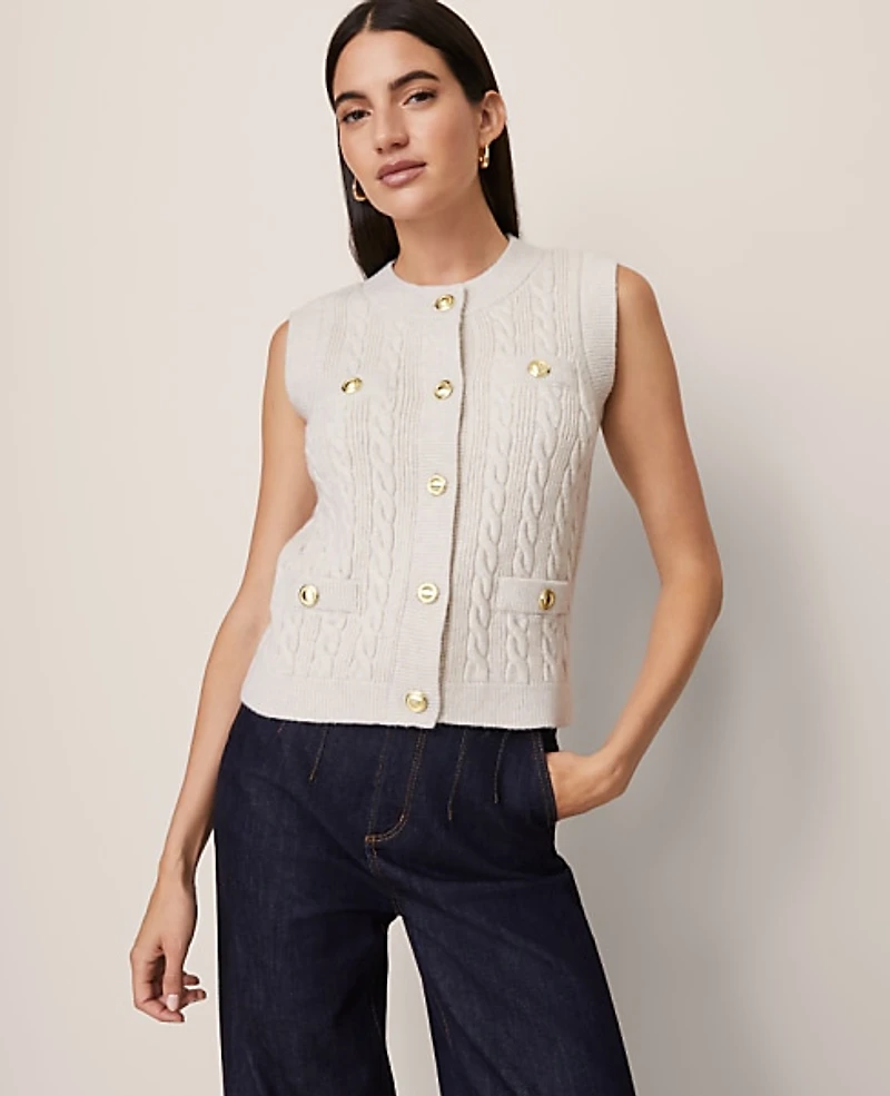 Ann Taylor Cable Sweater Vest Pale Sand Heather Women's