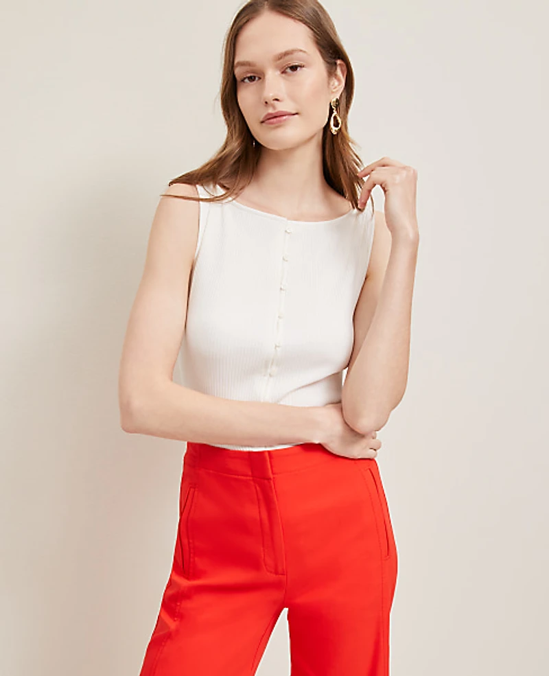 Ann Taylor Petite Ribbed Sleeveless Button Top Winter White Women's