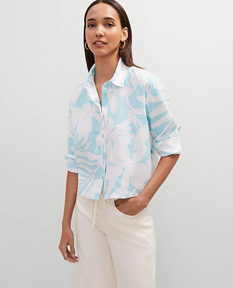 Ann Taylor Cropped Linen Shirt Size Small White-Gulf Stream Blue Women's