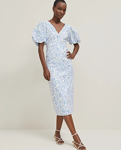 Ann Taylor Petite Floral Linen Blend Puff Sleeve Sheath Dress Size 0 White Women's