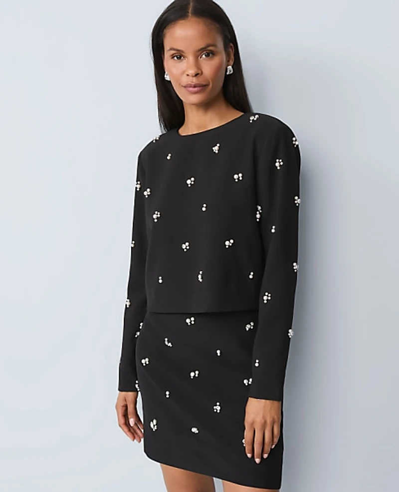 Ann Taylor Embellished Crew Neck Blouse Black Women's