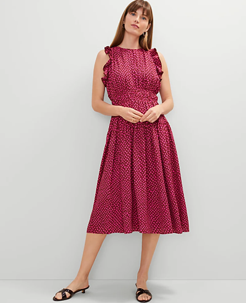 Ann Taylor Petite Dotted Ruffle Midi Dress Size 6 Oxide Red Women's