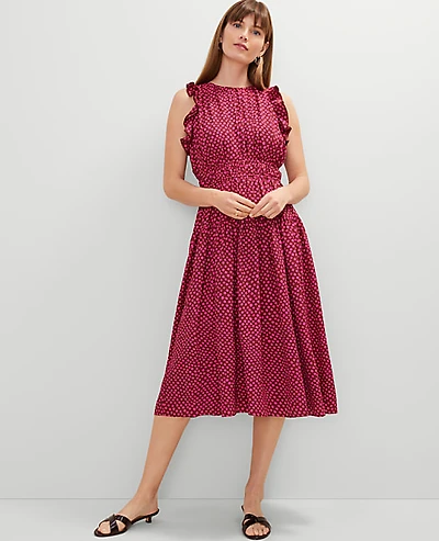 Ann Taylor Petite Dotted Ruffle Midi Dress Size 6 Oxide Red Women's