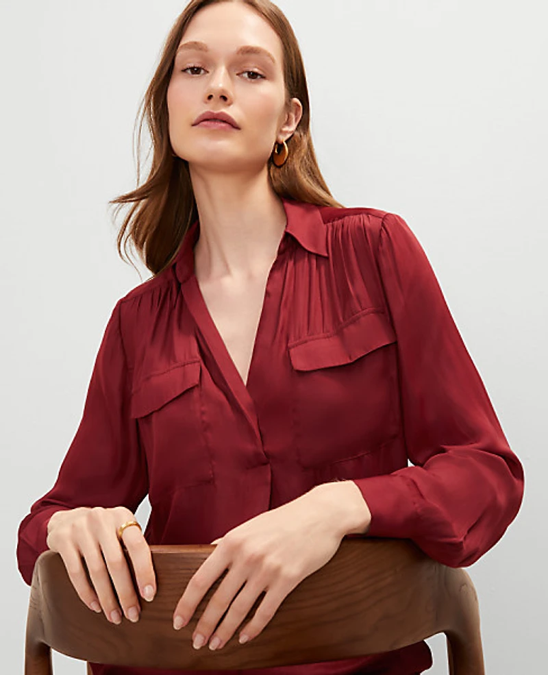 Ann Taylor Petite Soft Drapey Camp Shirt Moroccan Red Women's
