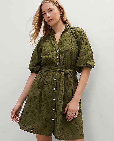 Ann Taylor Petite Eyelet Ruffle Neck Flare Dress Size 6 Moss Green Women's