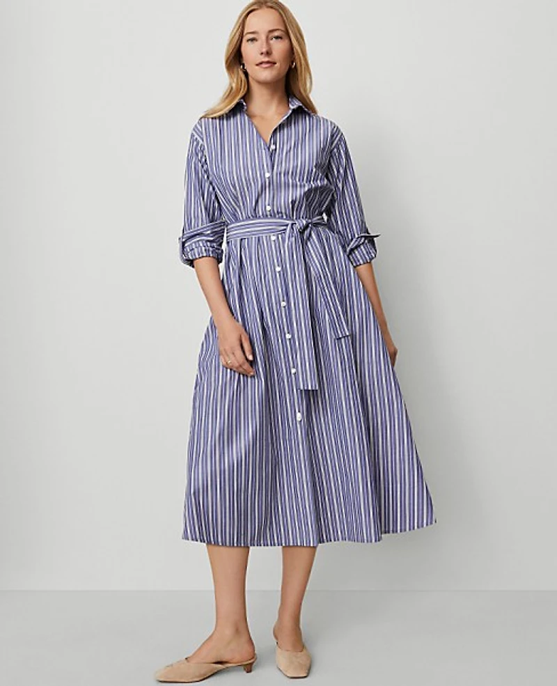 Ann Taylor Petite Striped Collared Midi Shirtdress Shaded Periwinkle Women's