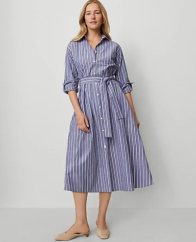 Ann Taylor Petite Striped Collared Midi Shirtdress Shaded Periwinkle Women's