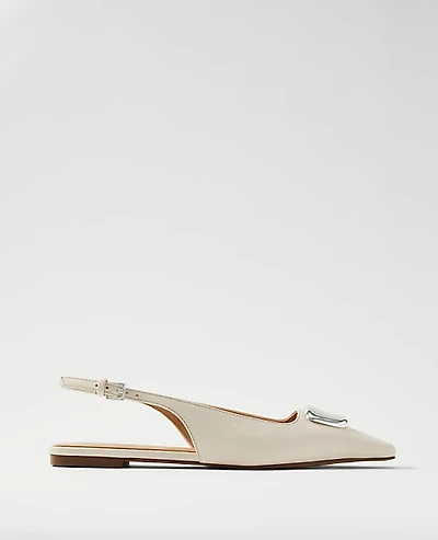 Ann Taylor Weekend Hardware Embellished Leather Slingback Flat Cream Beige Women's