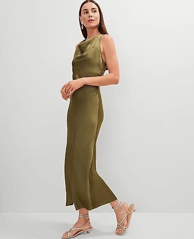 Ann Taylor Petite Halter Bias Satin Maxi Dress Size 2 Moss Green Women's