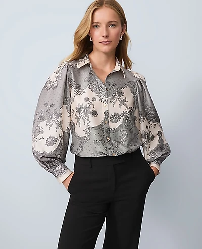 Ann Taylor Floral Satin Blouse Size Small Ivory Whisper Women's