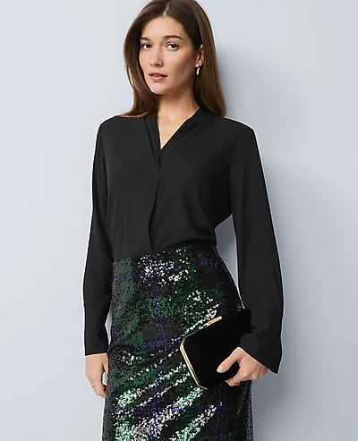 Ann Taylor Pleat Neck Blouse Black Women's