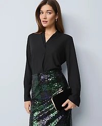 Ann Taylor Pleat Neck Blouse Size Large Black Women's