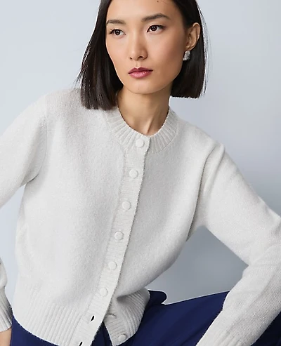 Ann Taylor Shimmer Crew Neck Cardigan Winter White Women's