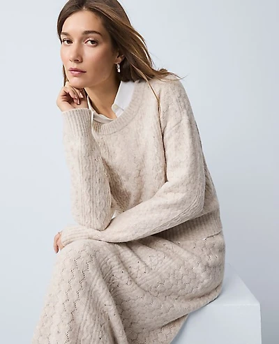 Ann Taylor Weekend Mixed Stitch Crew Neck Sweater Pale Sand Heather Women's