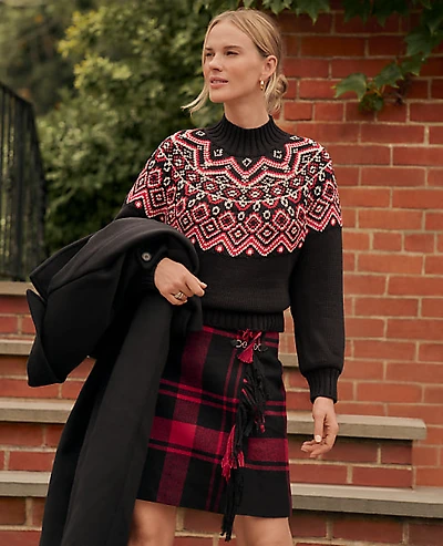 Ann Taylor Weekend Fair Isle Mock Neck Sweater Black Women's