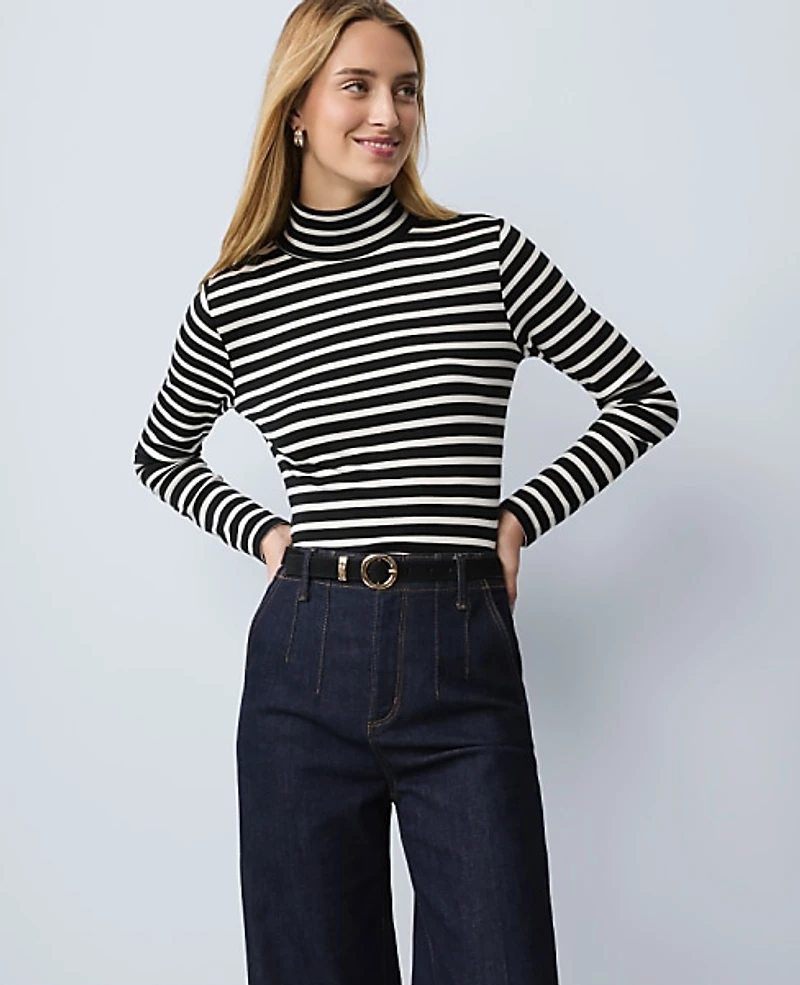 Ann Taylor Weekend Striped Turtleneck Top Black Women's