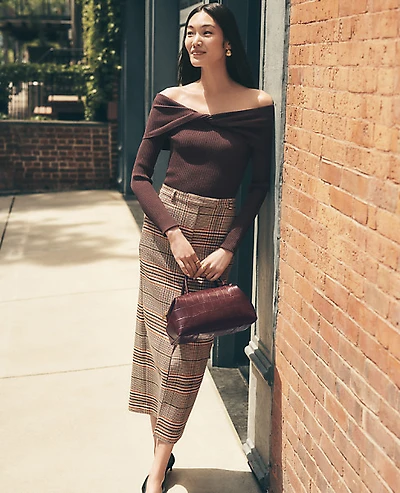 Ann Taylor The Trouser Column Midi Skirt Plaid Pure Chocolate Women's