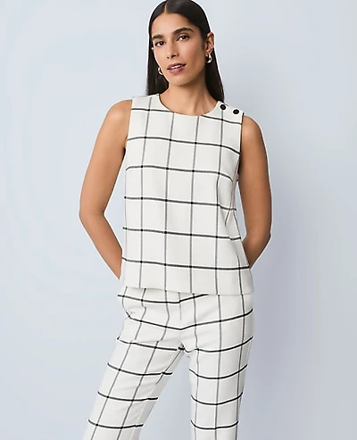 Ann Taylor The Petite Shoulder Button Top Windowpane Winter White Women's