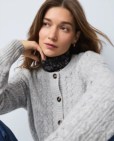 Ann Taylor Weekend Pointelle Cardigan Medium Light Heather Grey Women's