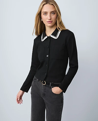 Ann Taylor Weekend Crochet Trim Knit Jacket Black Women's