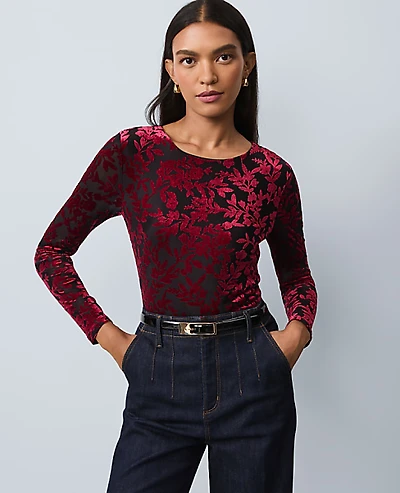 Ann Taylor Floral Velvet Crew Neck Top Size XS Black Women's