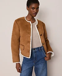 Ann Taylor Faux Suede Crew Neck Jacket White Fur/ Tan Women's