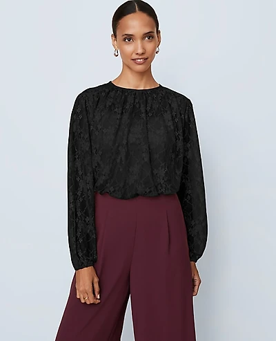 Ann Taylor Petite Crew Neck Shirred Blouse Black Women's