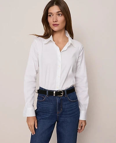 Ann Taylor Petite Weekend Ruffle Collar Modern Shirt Size 2XS White Women's