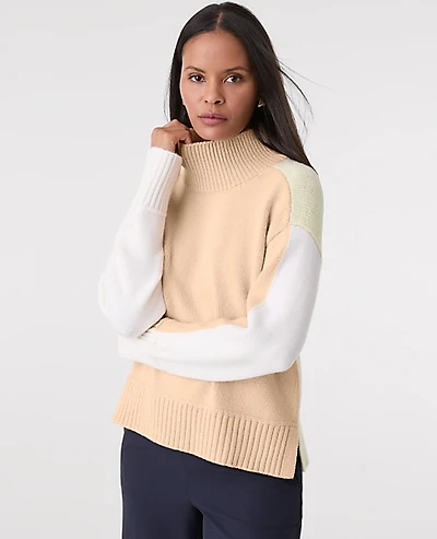 Ann Taylor Colorblock Mock Neck Sweater Camel Multi Women's