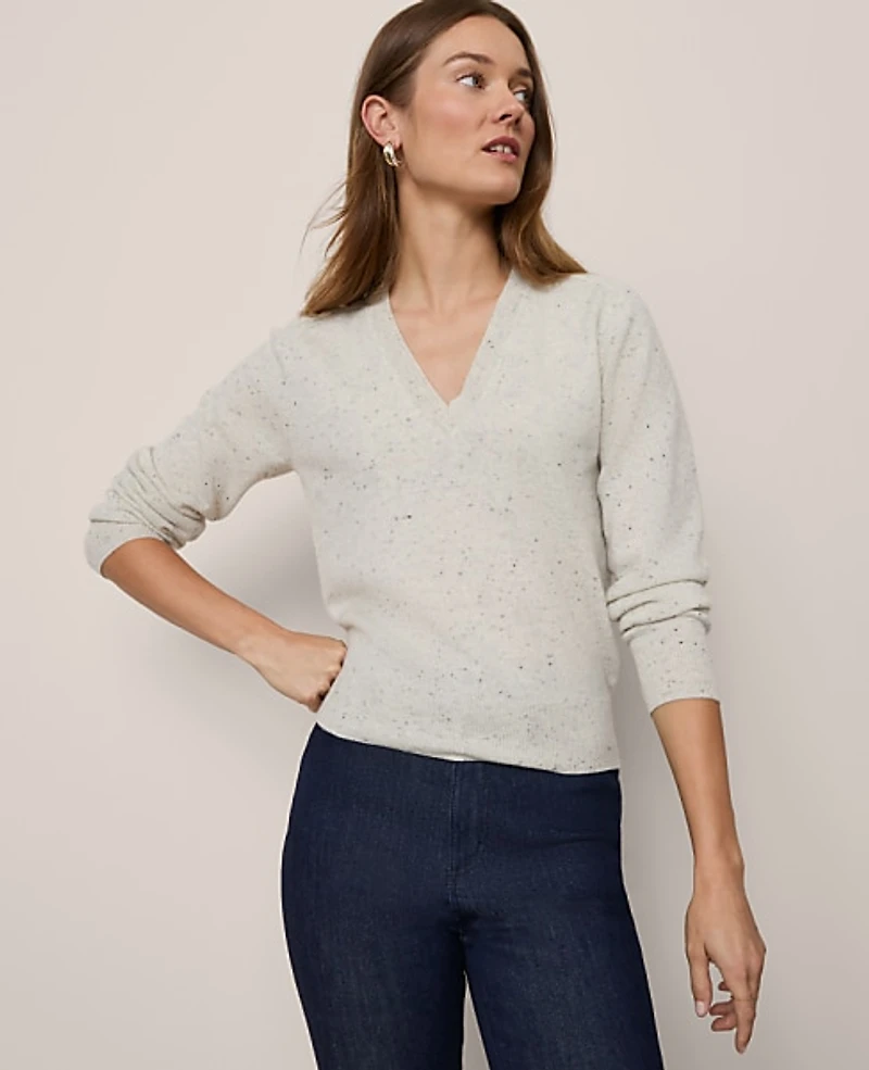 Ann Taylor Cashmere V-Neck Sweater Cream Speckle Women's