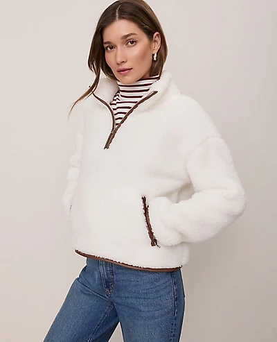 Ann Taylor Petite Weekend Half-Zip Sherpa Pullover Winter White Women's