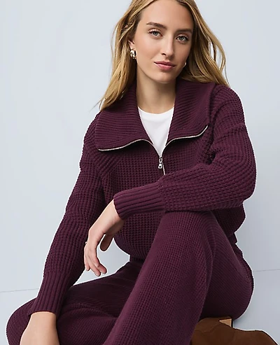 Ann Taylor Weekend Half-Zip Waffle Sweater Poised Plum Women's