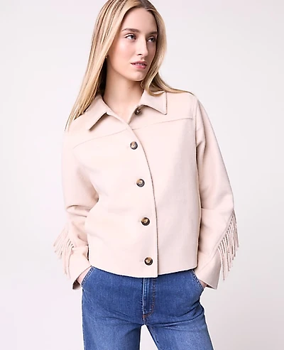Ann Taylor Petite Weekend Fringe Bomber Jacket Pale Sandalwood Women's