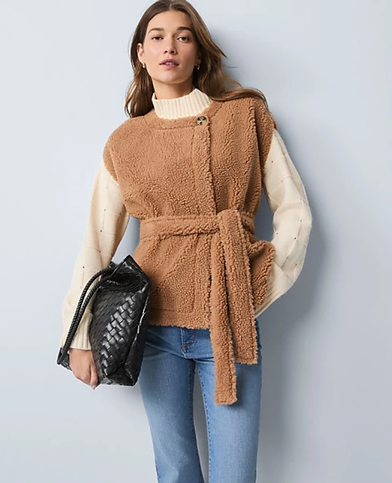 Ann Taylor Weekend Collection Belted Sherpa Vest Flower Pot Women's