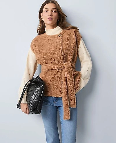 Ann Taylor Weekend Collection Belted Sherpa Vest Flower Pot Women's