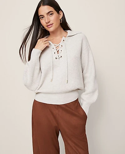 Ann Taylor Weekend Lace-Up Ribbed Sweater Size Large Pale Sand Heather Women's