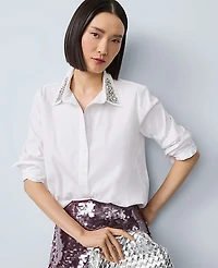 Ann Taylor Embellished Relaxed Perfect Shirt Size Small White Women's